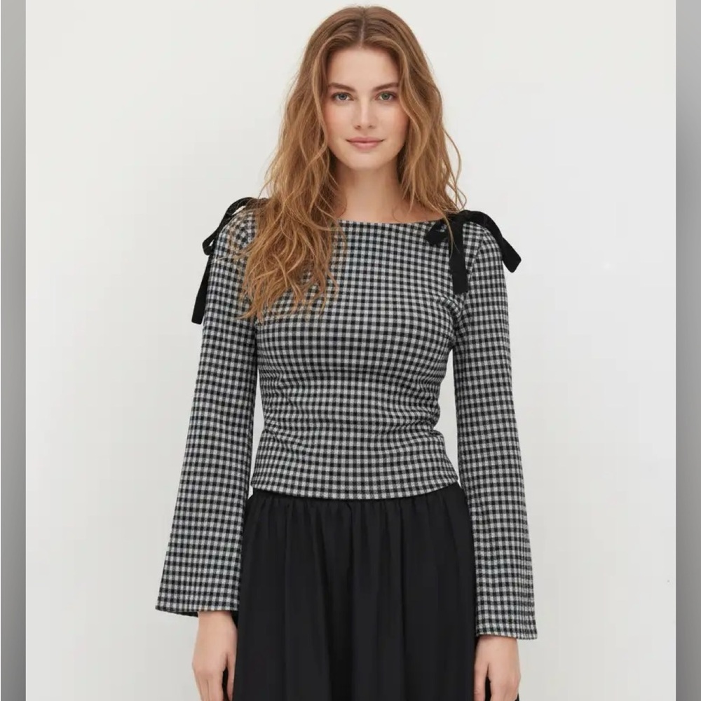 Cider BOAT NECK GINGHAM BOWKNOT RUCHED LONG SLEEVE TOP S CR27-18